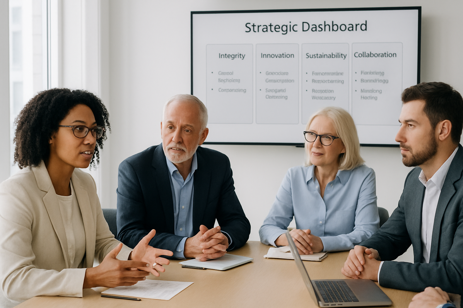 Ein Bild an einem Meetingtisch mit vier Menschen